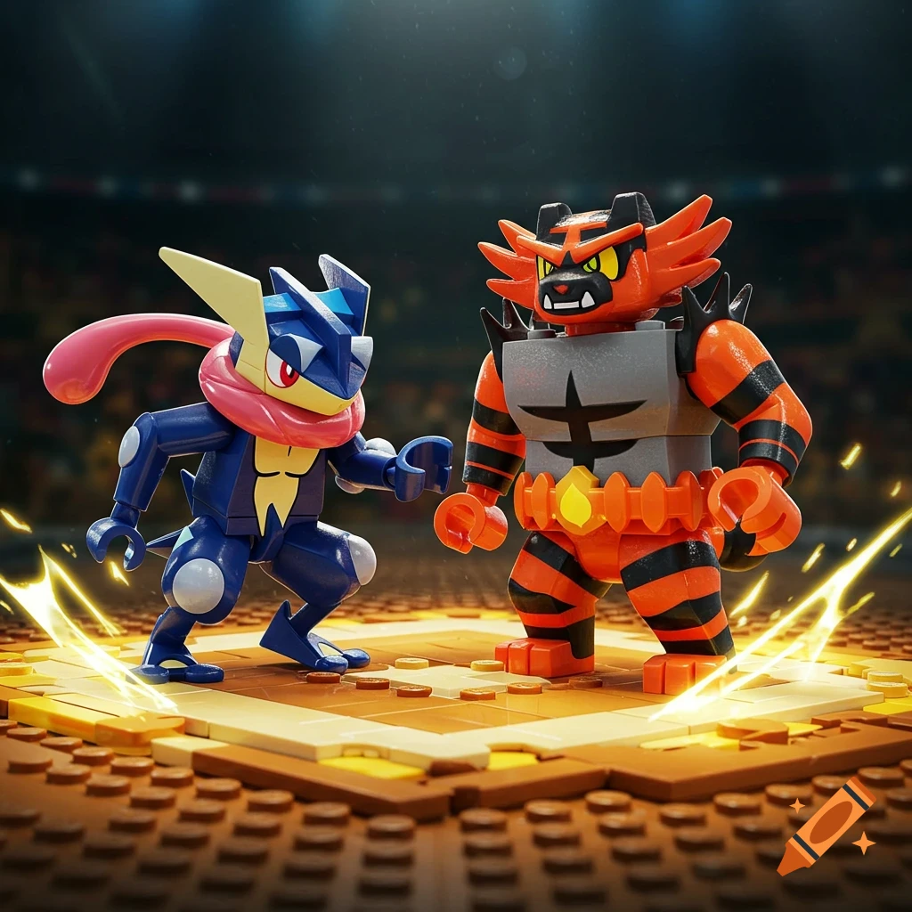 Lego Greninja and Incineroar figures face off in a dramatic stadium with glowing energy effects.