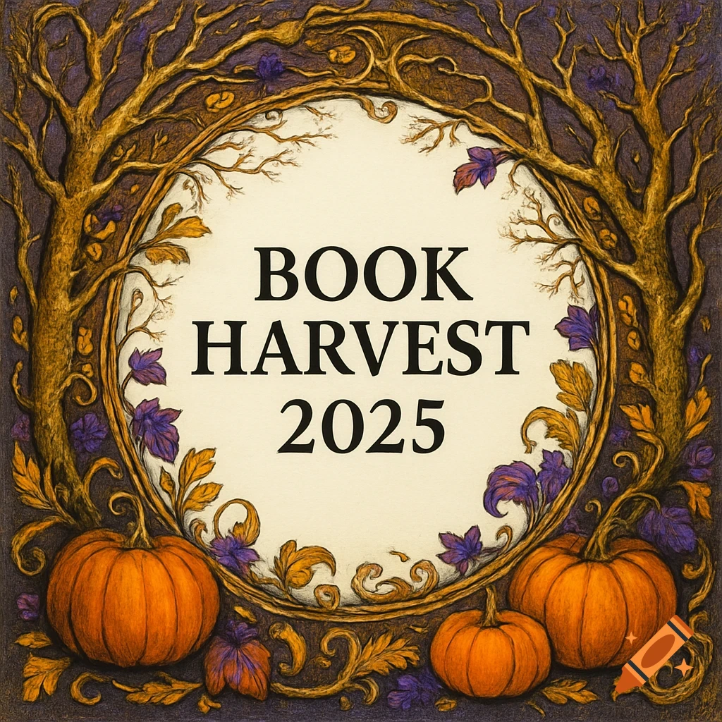 A decorative autumn illustration featuring a circular border of golden tree branches, purple and orange leaves, and pumpkins, with "BOOK HARVEST 2025" in the center.