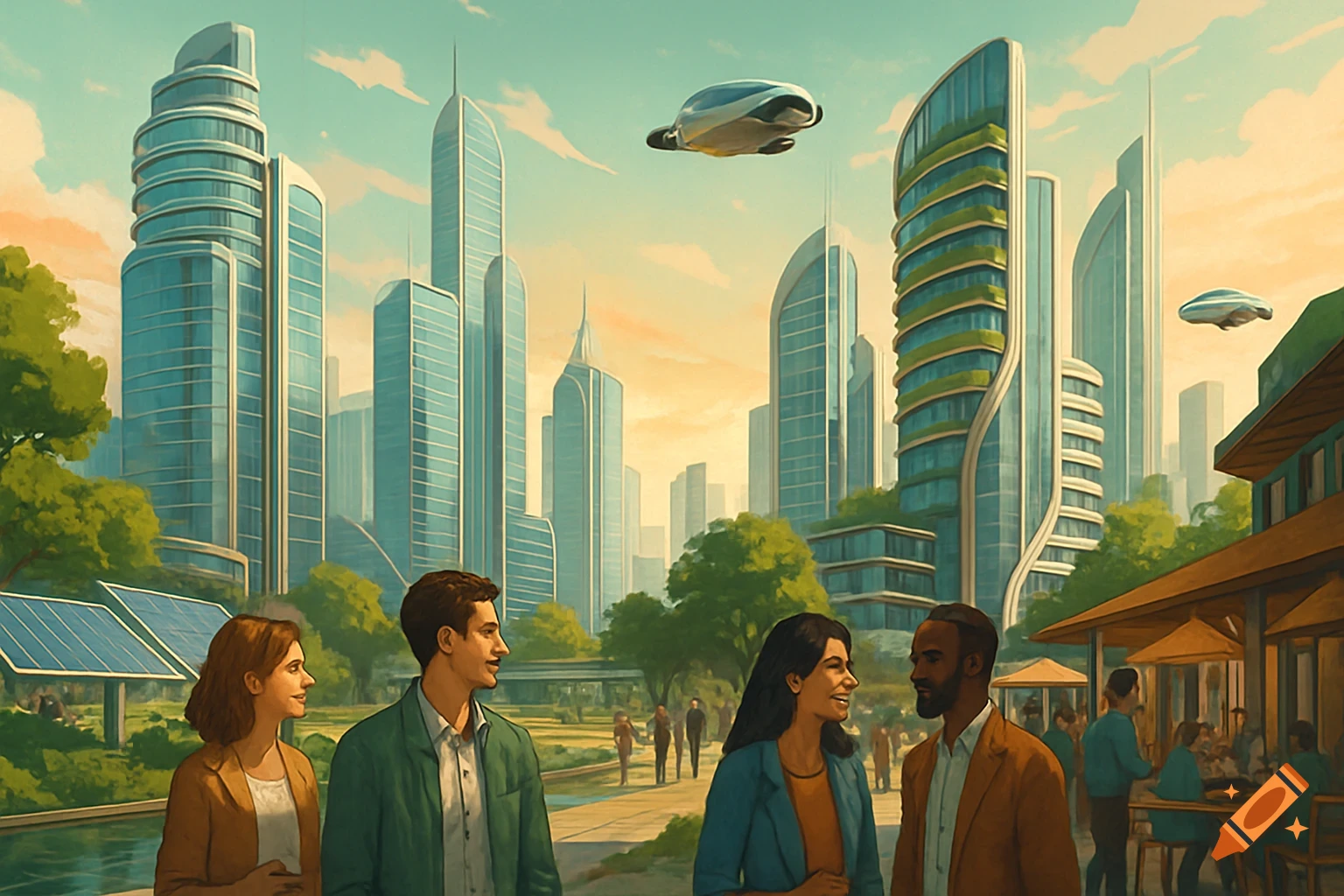 People walk in a vibrant, futuristic city with green skyscrapers, solar panels, and flying vehicles, digital painting.