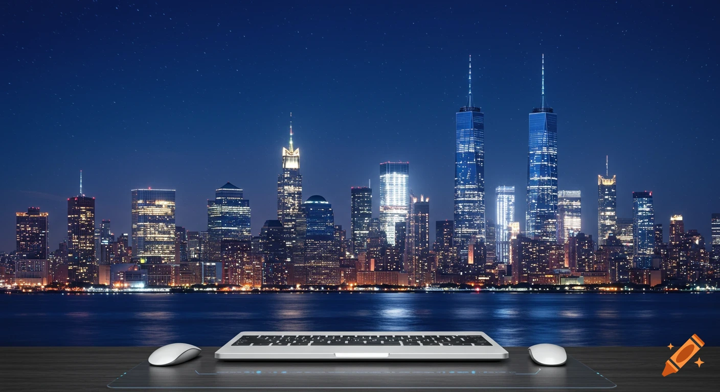 Photorealistic night view of the New York City skyline across water, with a tidy desktop featuring a keyboard and two mice in the foreground.