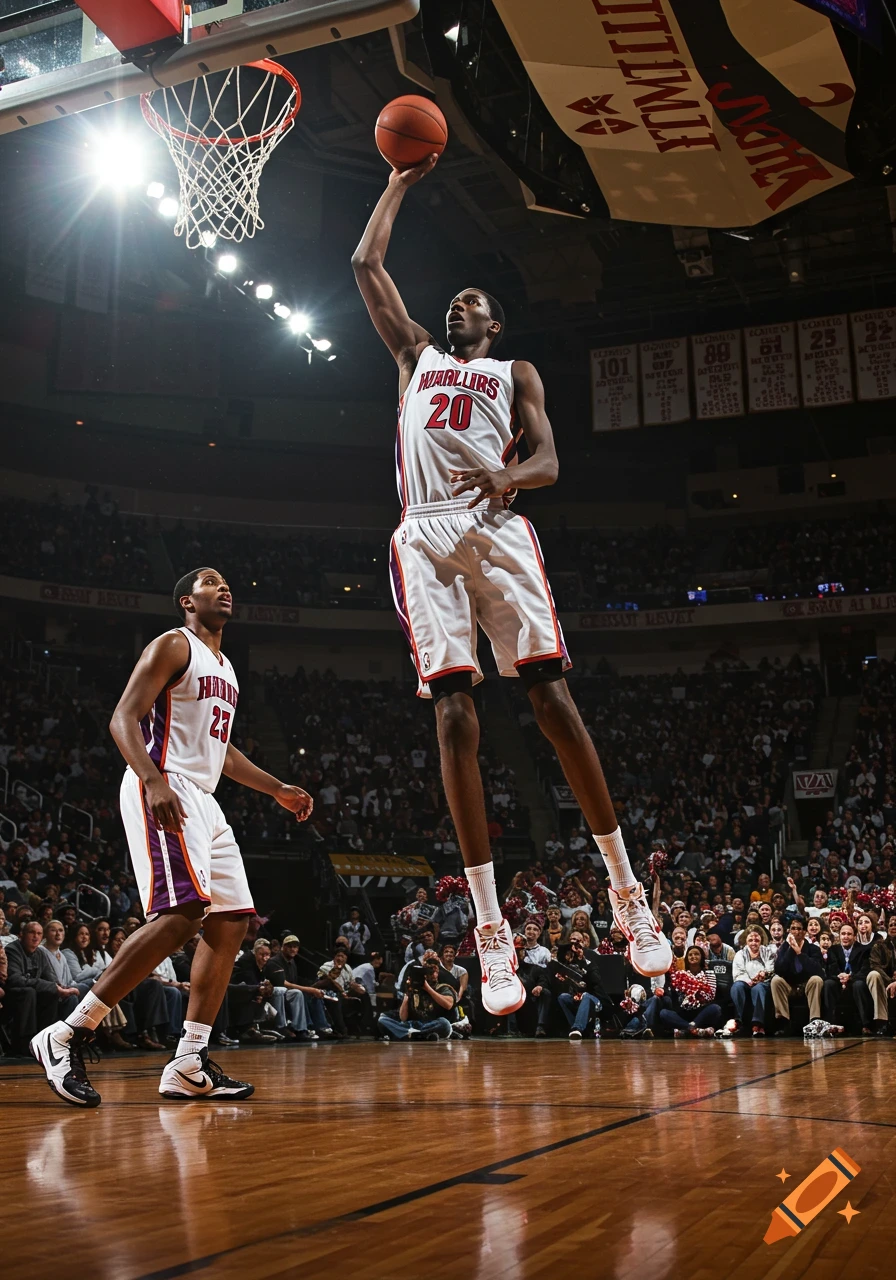 A tall basketball player in a white jersey with number 20 jumps high to dunk a ball, with another player nearby on a brightly lit court during a game.