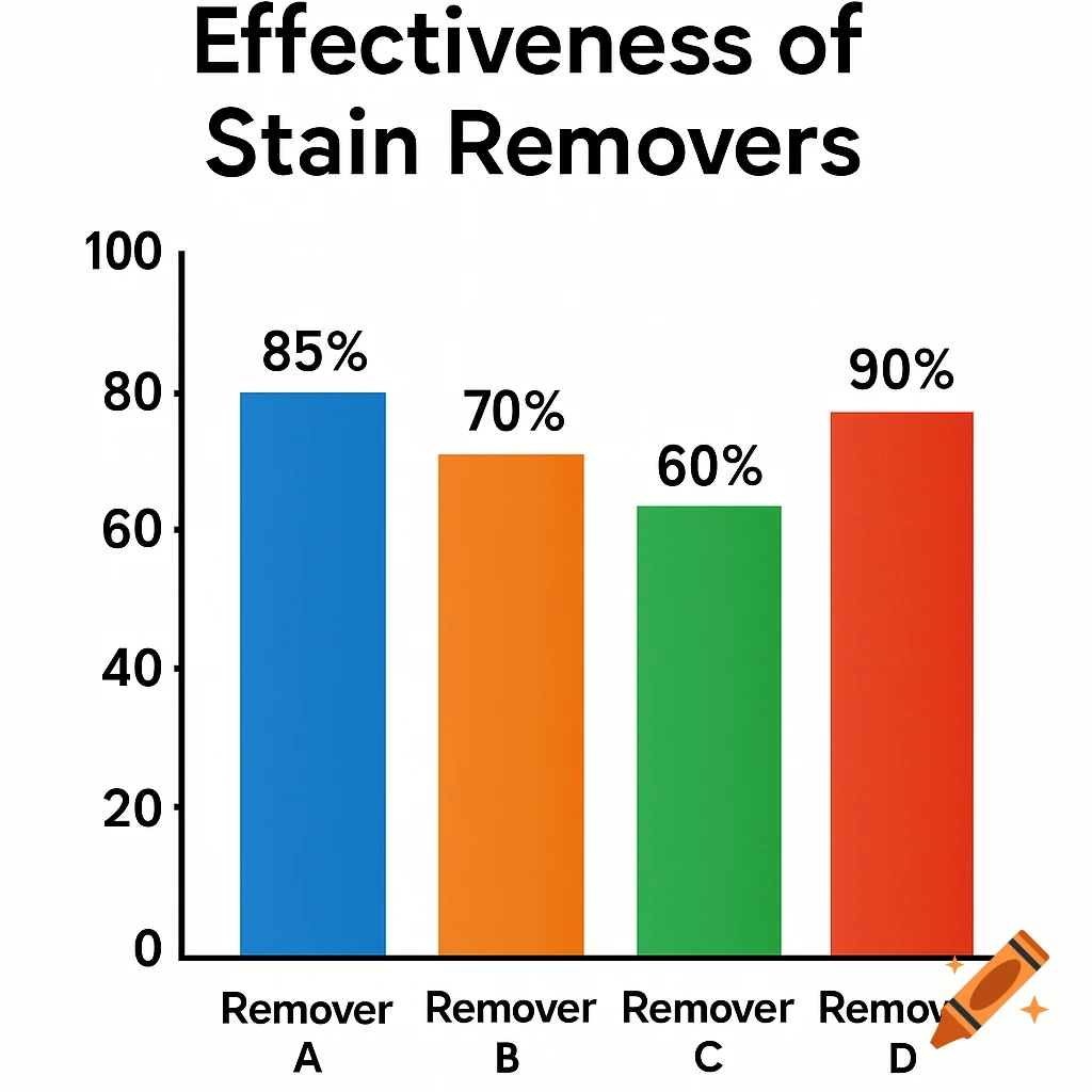 A bar graph titled 'Effectiveness of Stain Removers' shows Remover D at 90%, Remover A at 85%, Remover B at 70%, and Remover C at 60%.
