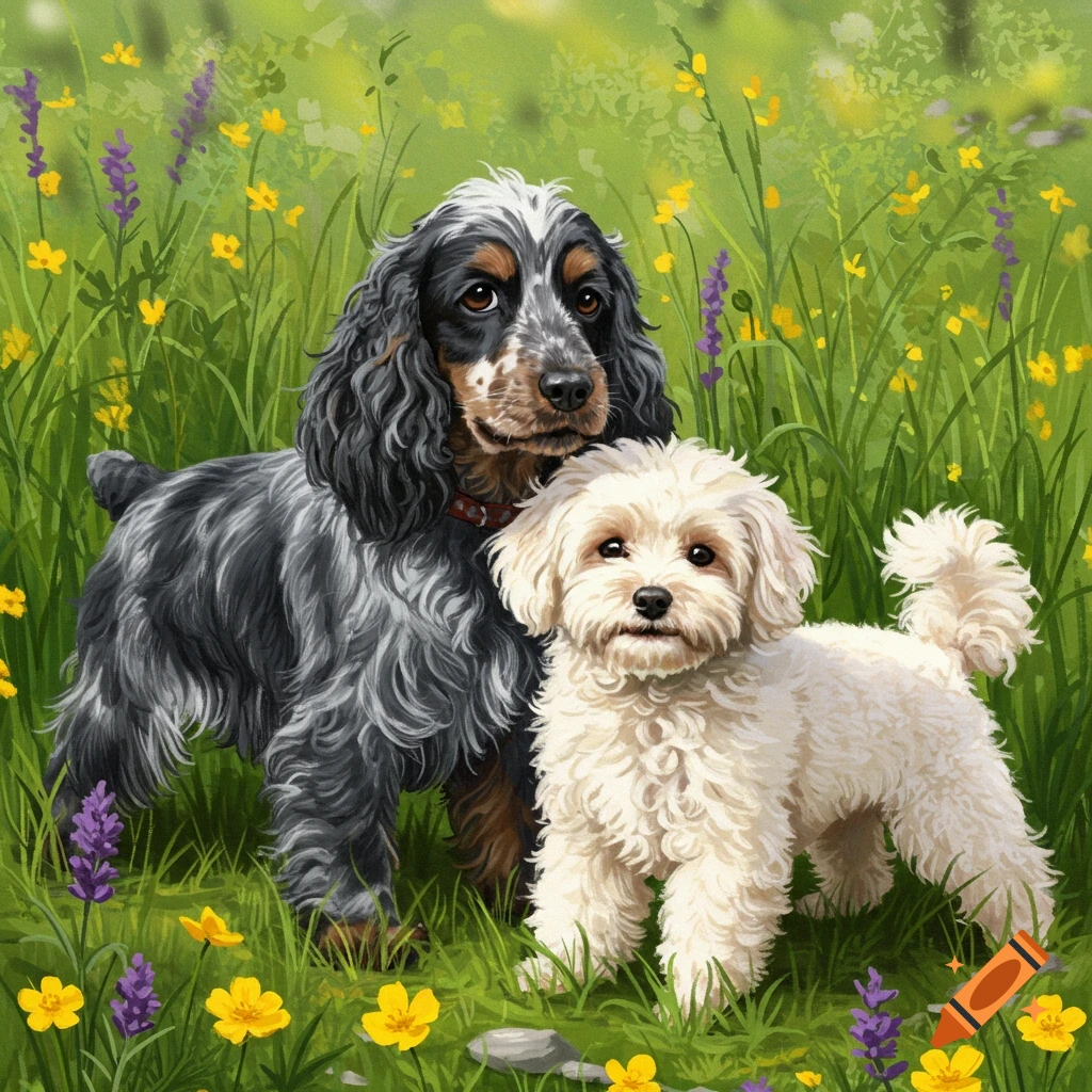A blue roan cocker spaniel and a white fluffy poochon dog stand in a field of yellow and purple wildflowers, illustration.