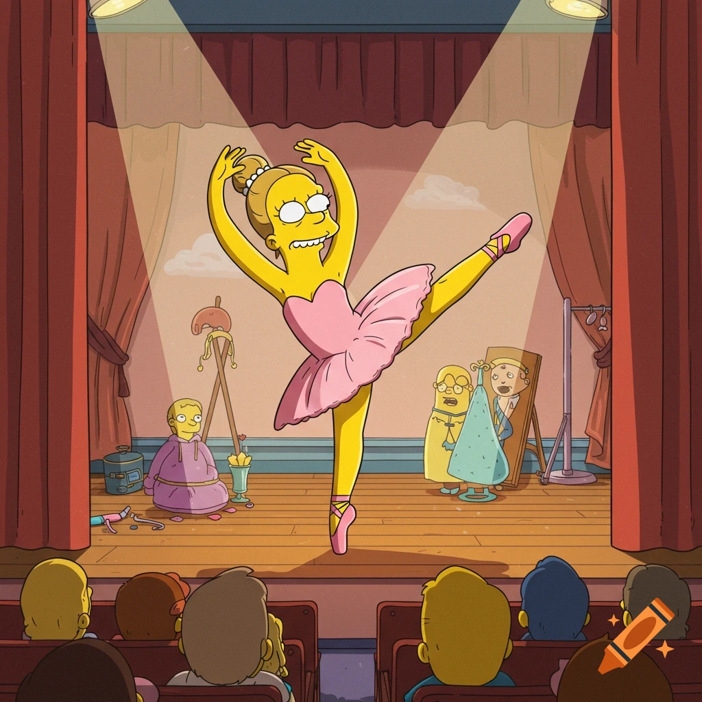 A yellow-skinned character in Simpsons style performs ballet on a stage, watched by an audience.