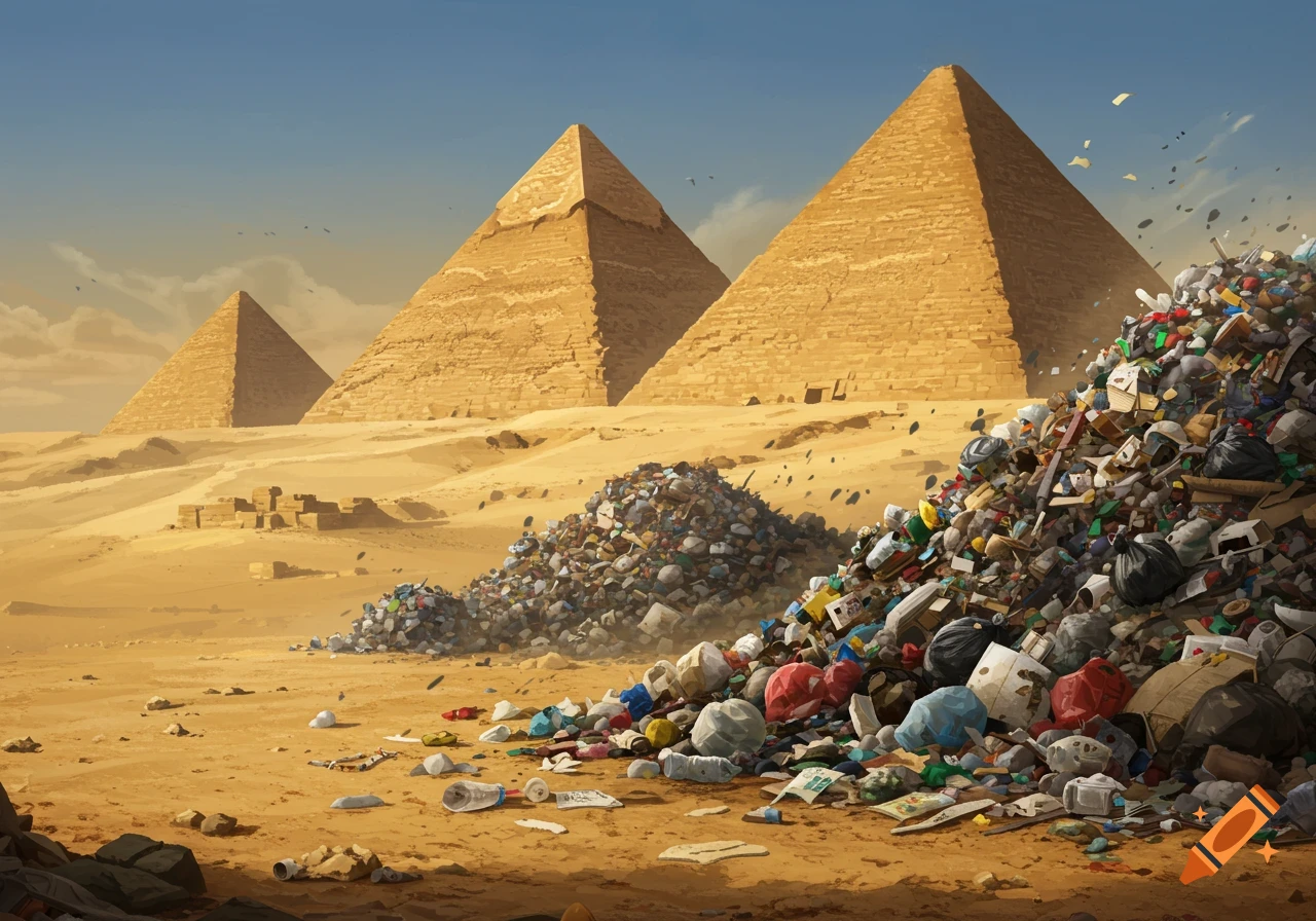 Digital painting of three ancient pyramids in a desert landscape, partially obscured by large, festering piles of garbage.