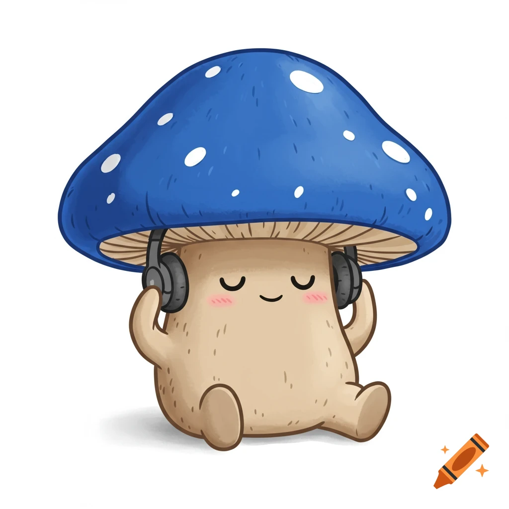 A cute cartoon mushroom with a blue cap and white spots, sitting contently and wearing black headphones, on a white background.