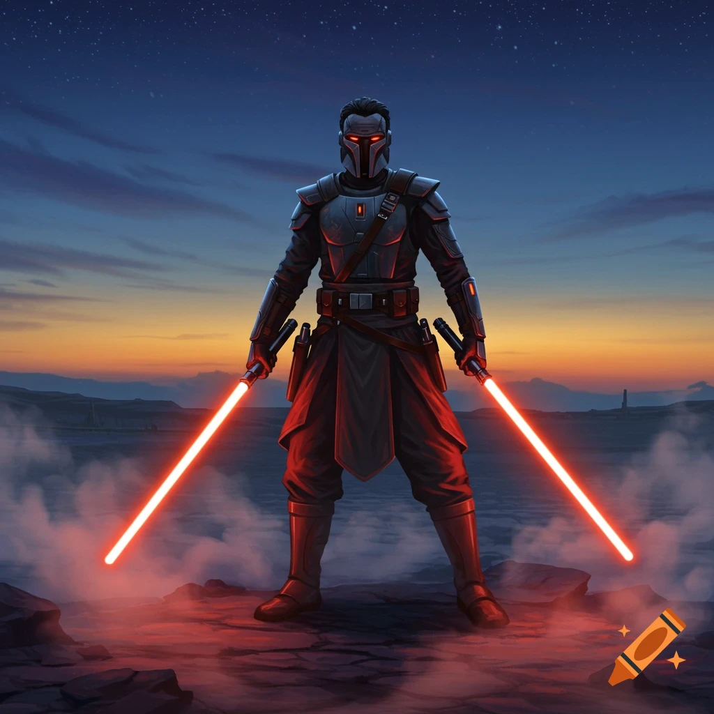 An armored warrior in a helmet holds two red lightsabers, standing on rocky terrain under a sunset sky with stars.