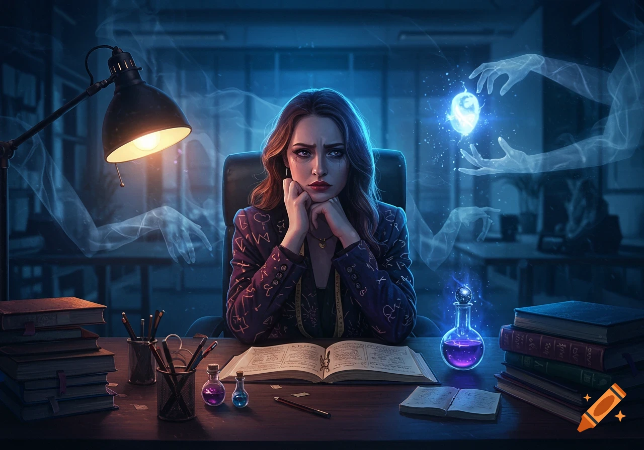 A sad sorceress with glowing symbols on her blazer sits at a desk with books and potions, spectral hands reaching around her.