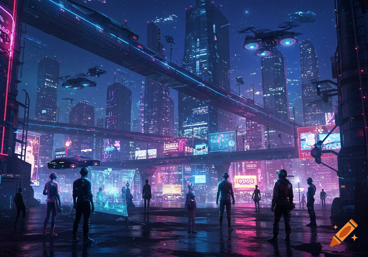 A vibrant, neon-lit futuristic city at night, with towering skyscrapers, elevated highways, flying vehicles, and people gathered around holographic displays on a wet ground.