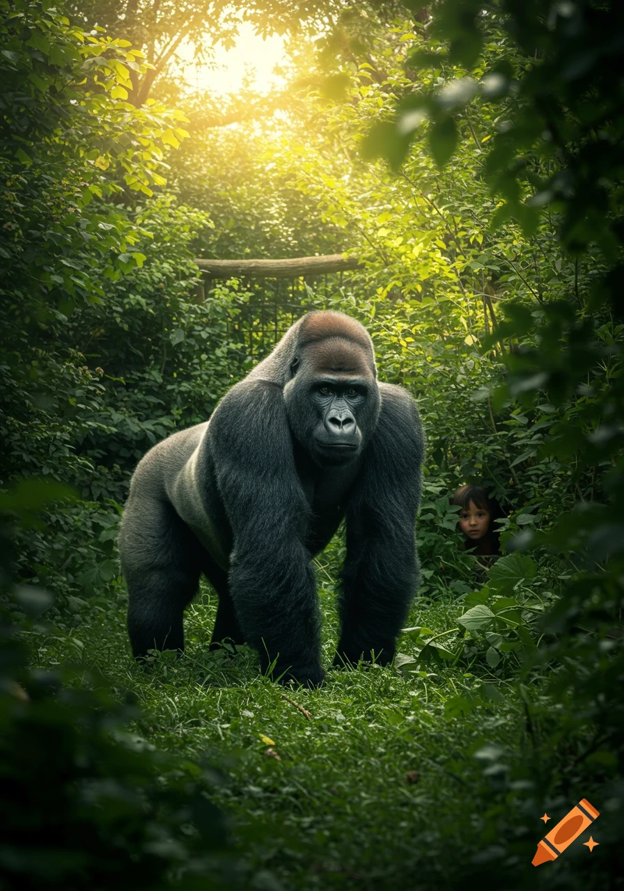 A photorealistic image of a large gorilla standing in a dense, sunlit jungle, with a small child peeking from behind foliage on the right.