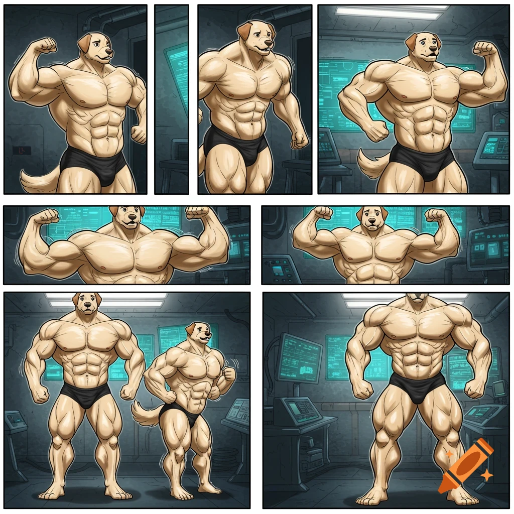 A 6-panel comic illustration shows a muscular anthropomorphic beige labrador dog in briefs flexing and growing larger in a futuristic lab.