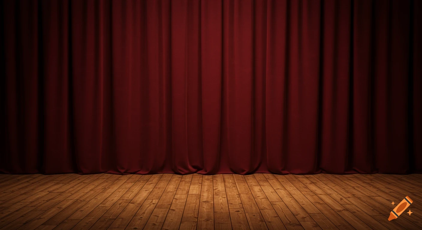 Photorealistic red theater curtains closed on a wooden stage floor, with subtle lighting.