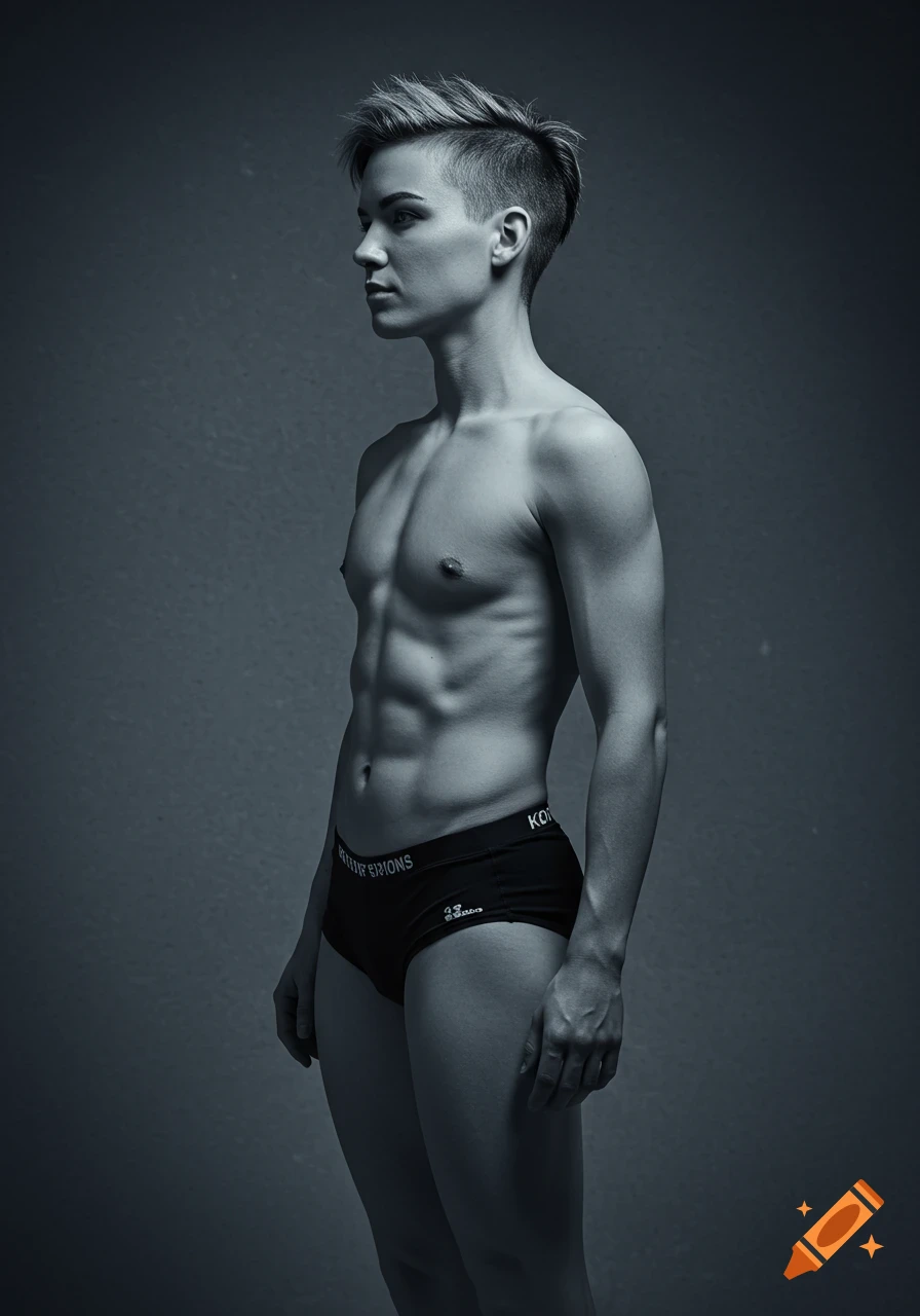 A monochromatic portrait of an androgynous, muscular person with an undercut pixie cut, wearing black underwear.
