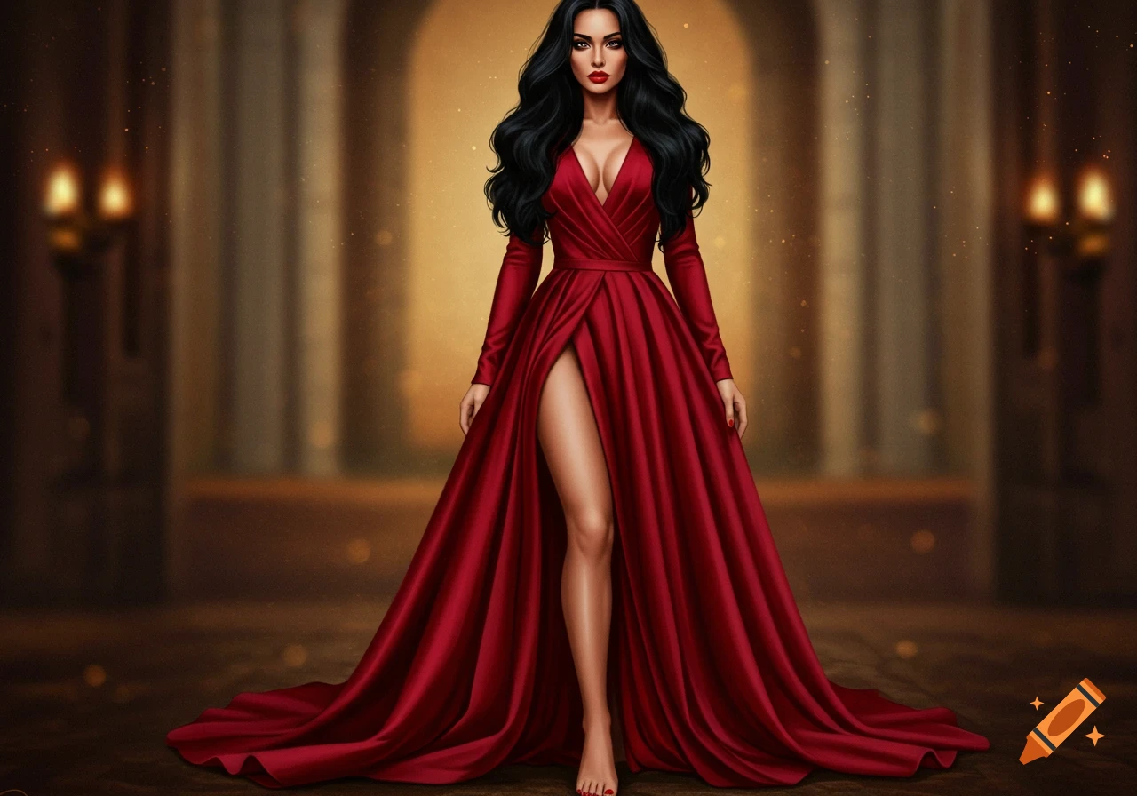 An elegant woman with long black hair in a flowing deep red gown with a high slit, standing in a grand hall.