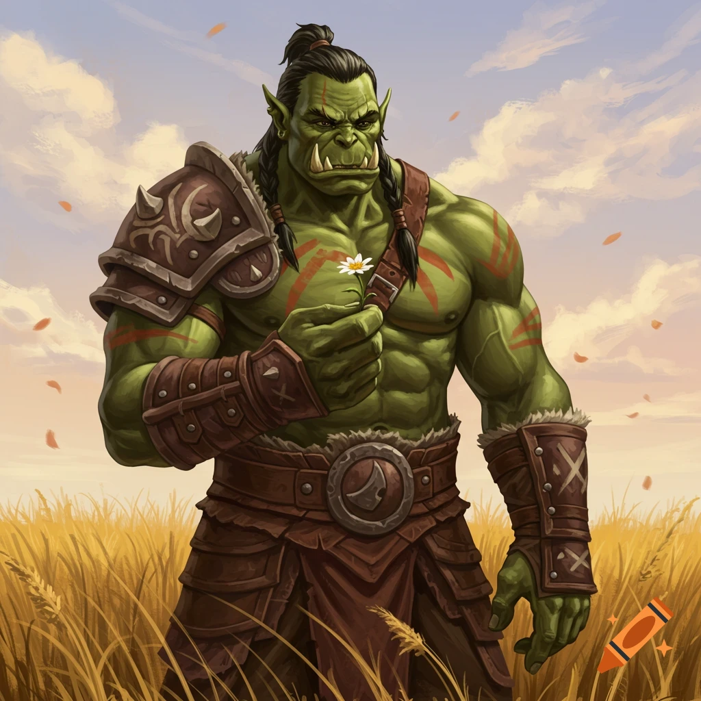 A muscular green orc barbarian with braided hair, tribal markings, and armor stands in a wheat field, holding a white wildflower.