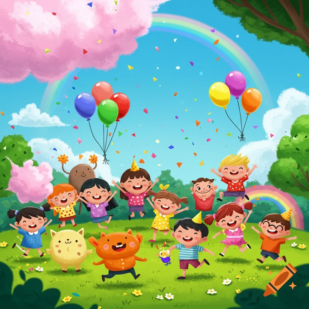 Colorful cartoon of joyful children and playful characters celebrating outdoors with balloons, confetti, and a rainbow.