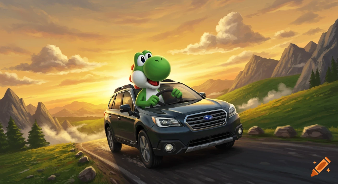 Green Yoshi drives a black Subaru Outback SUV on a winding road through a mountainous landscape at sunset.