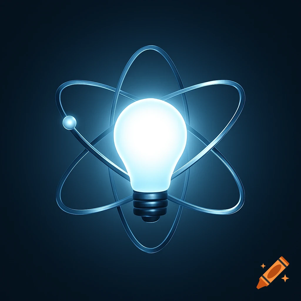 A glowing light bulb at the center of a metallic atomic orbital model against a dark blue background, styled as a logo.