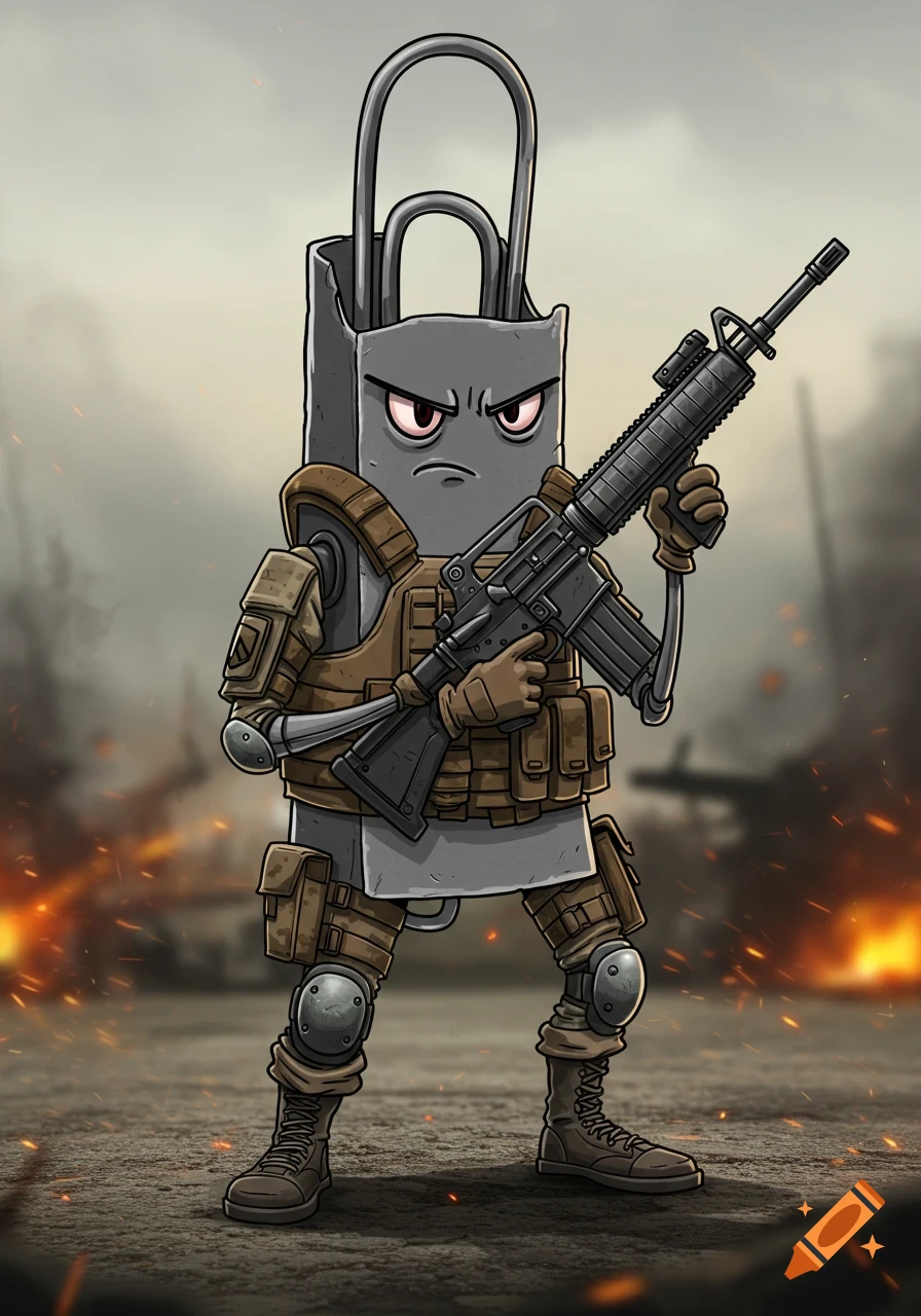 A cartoon paperclip character resembling Clippy, dressed in military gear and holding an M4 rifle, stands on a battlefield.