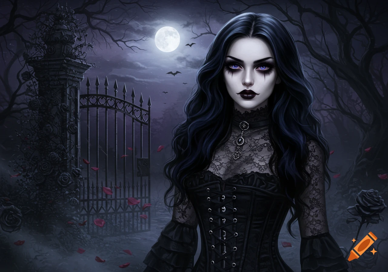A digital painting of a gothic woman with long black hair and dark makeup, standing before a moonlit gate in a dark forest with falling rose petals.