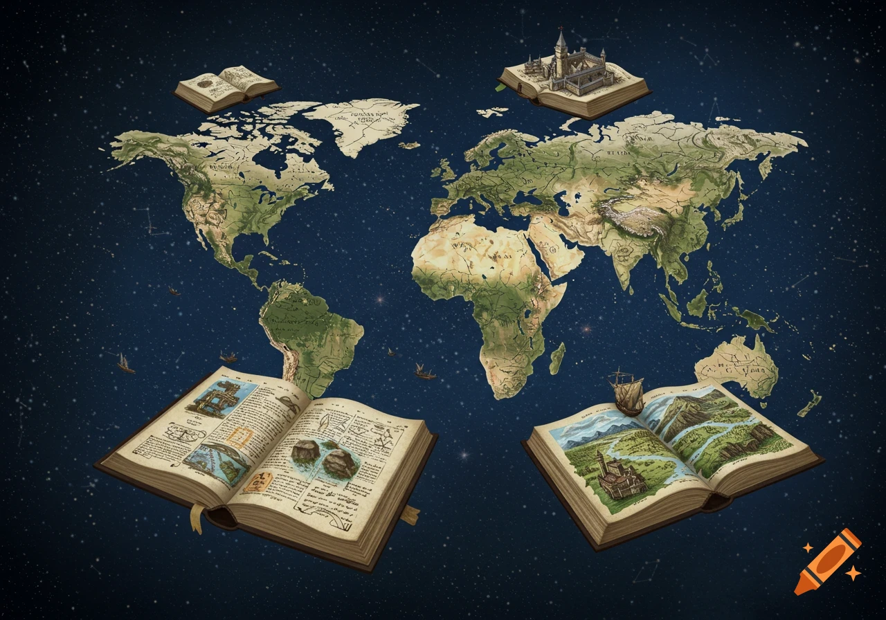 A world map with continents depicted as opening books and a floating castle, set against a dark, starry background. The map shows green landmasses and brown mountainous regions, with small ships in the oceans. The books contain illustrations and illegible text.
