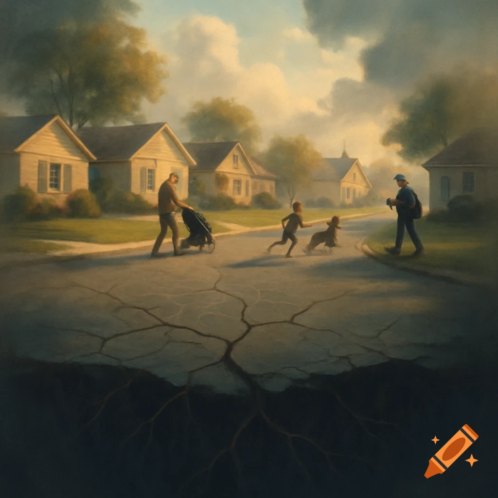 Painterly illustration of a suburban street with a large sinkhole cracking the road, as people walk and children play.