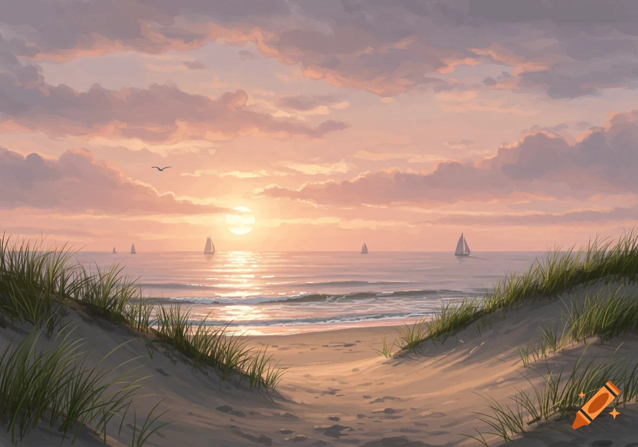 A painterly sunset over a beach with sand dunes, sailboats on the ocean, and a bird flying in the sky.