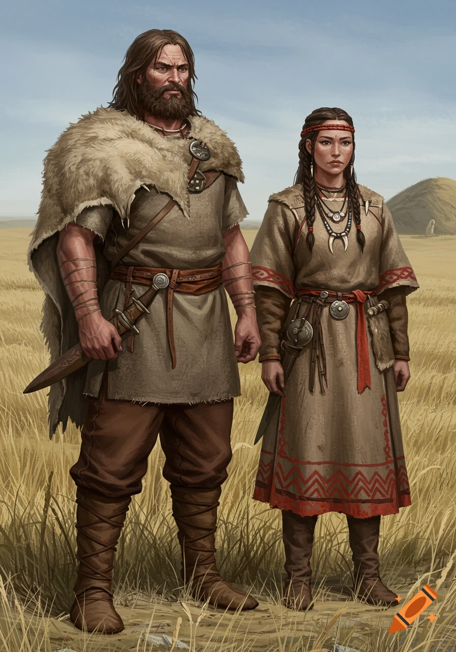 A Bronze Age nomadic couple, a bearded man in a fur cloak and a woman in a patterned dress, stands in a grassy steppe.