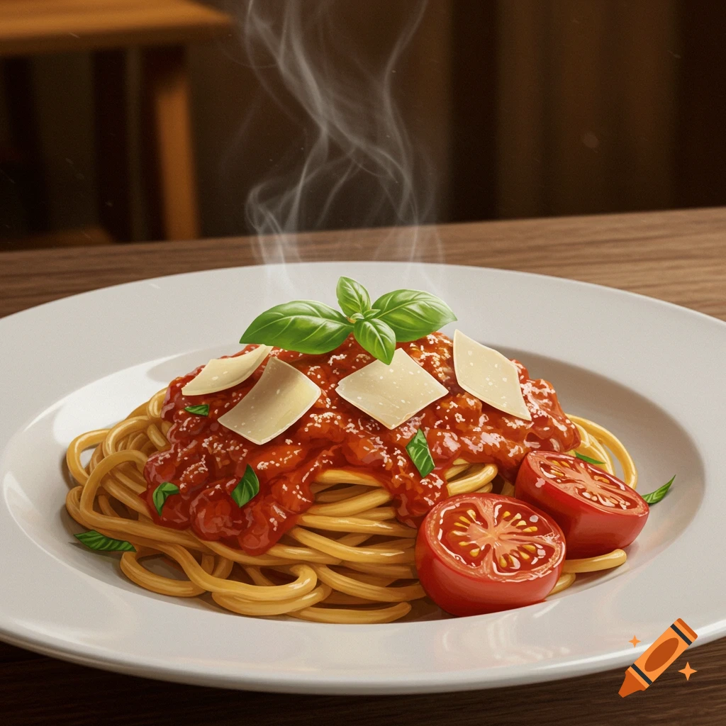 Steaming plate of spaghetti topped with tomato sauce, fresh basil, cheese flakes, and halved tomatoes on a wooden table.