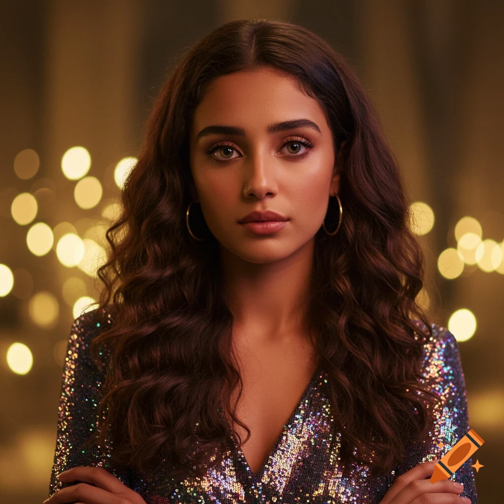 A realistic portrait of a young woman with long curly dark hair and hazel eyes, wearing a sparkling sequin dress, arms crossed, against a bokeh light background.
