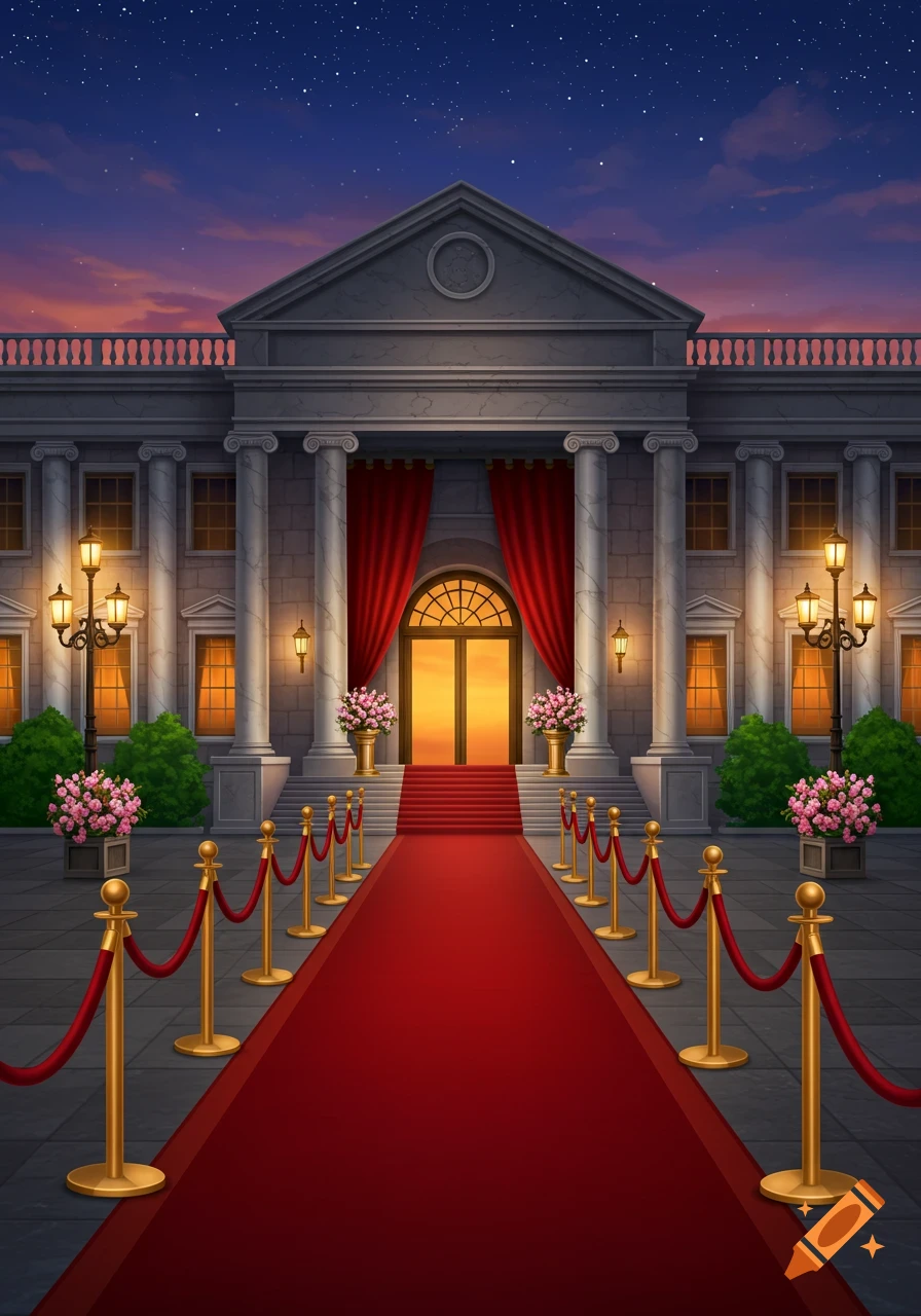 An illustrated view of a grand building with a red carpet leading to its entrance, under a starry evening sky.