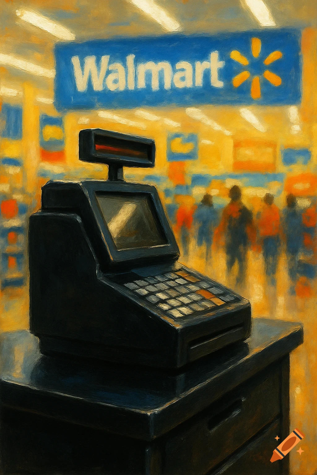 Painterly image of a black cash register on a counter in a Walmart store, with a blue 'Walmart' sign and blurred shoppers in the background.