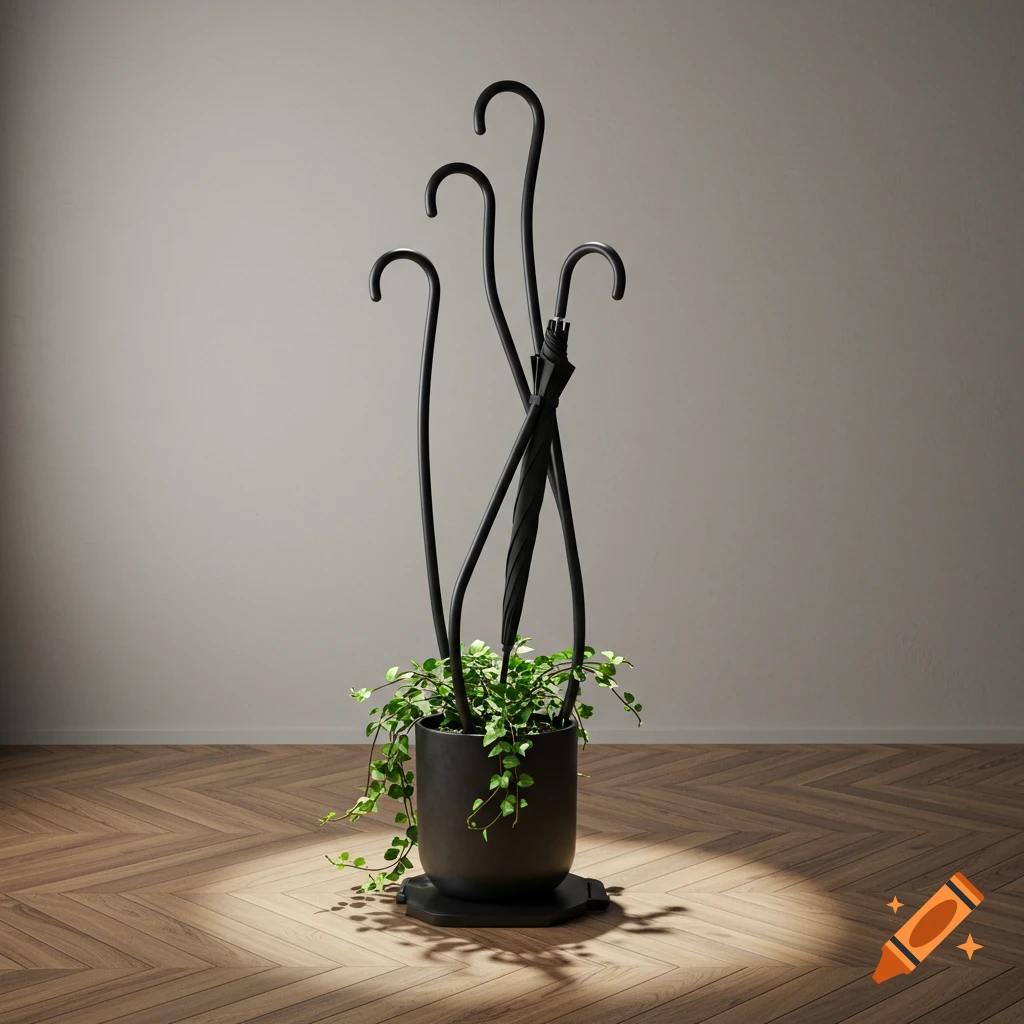 Modern black umbrella stand with modular hooks and a green potted plant on a wooden floor.
