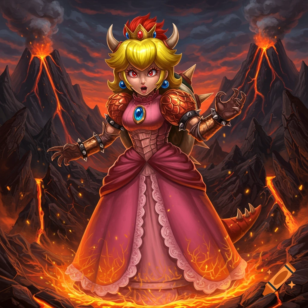 A powerful Princess Peach, transformed with Bowser's features including horns, a spiky shell, gauntlets, and a tail, stands in a fiery volcanic landscape with erupting mountains.