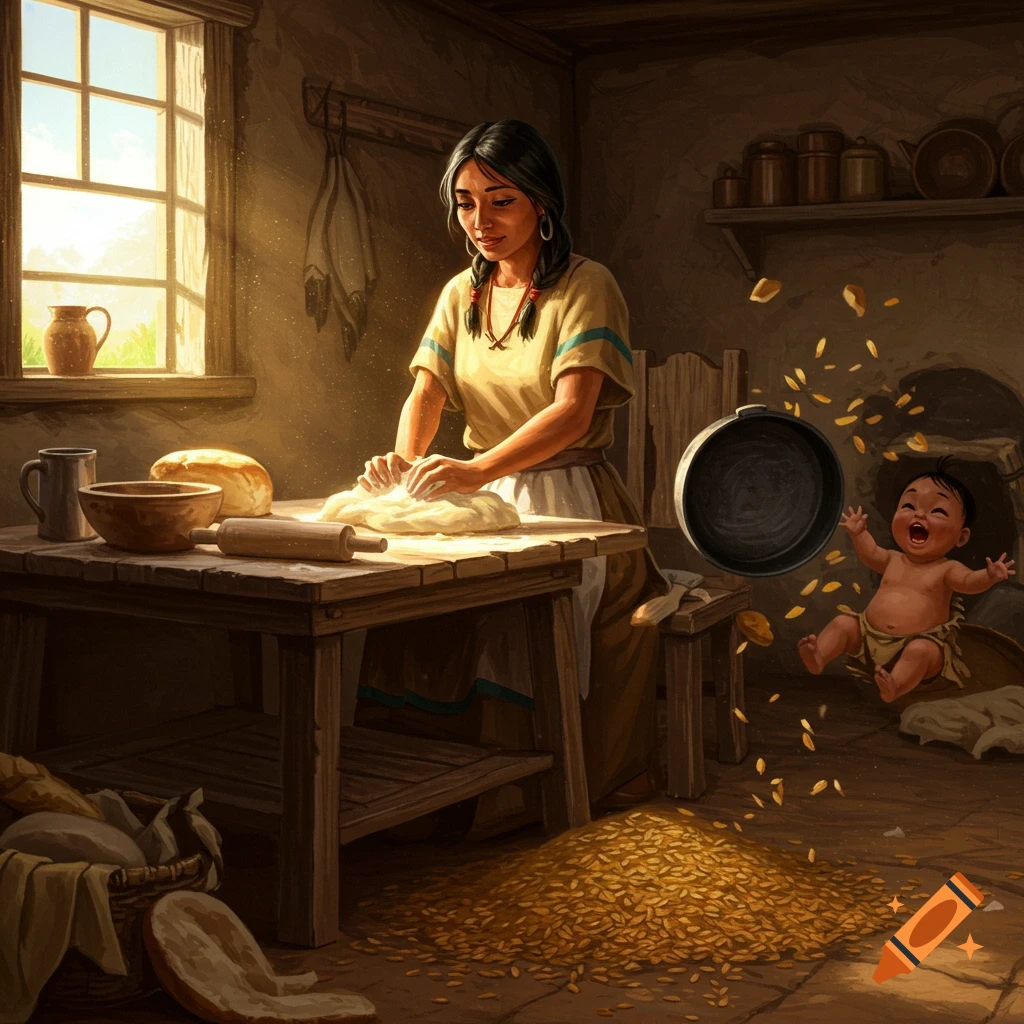 An indigenous woman kneads dough in a rustic kitchen while a baby laughs as grain scatters from a falling pan.