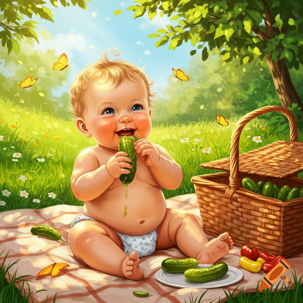 A cheerful, chubby baby in a diaper happily eats a pickle on a picnic blanket outdoors, with butterflies and a pickle basket in a bright illustration.