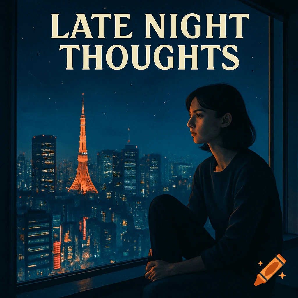 A woman gazes out a window at the Tokyo city skyline at night, with "LATE NIGHT THOUGHTS" text at the top.