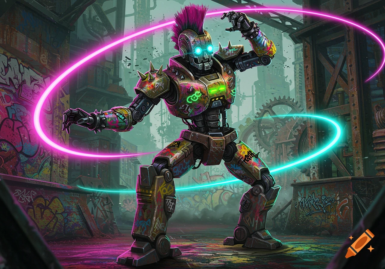 A punk-style robot with a pink mohawk and graffiti-covered armor stands in a neon-lit, industrial, graffiti-filled setting.