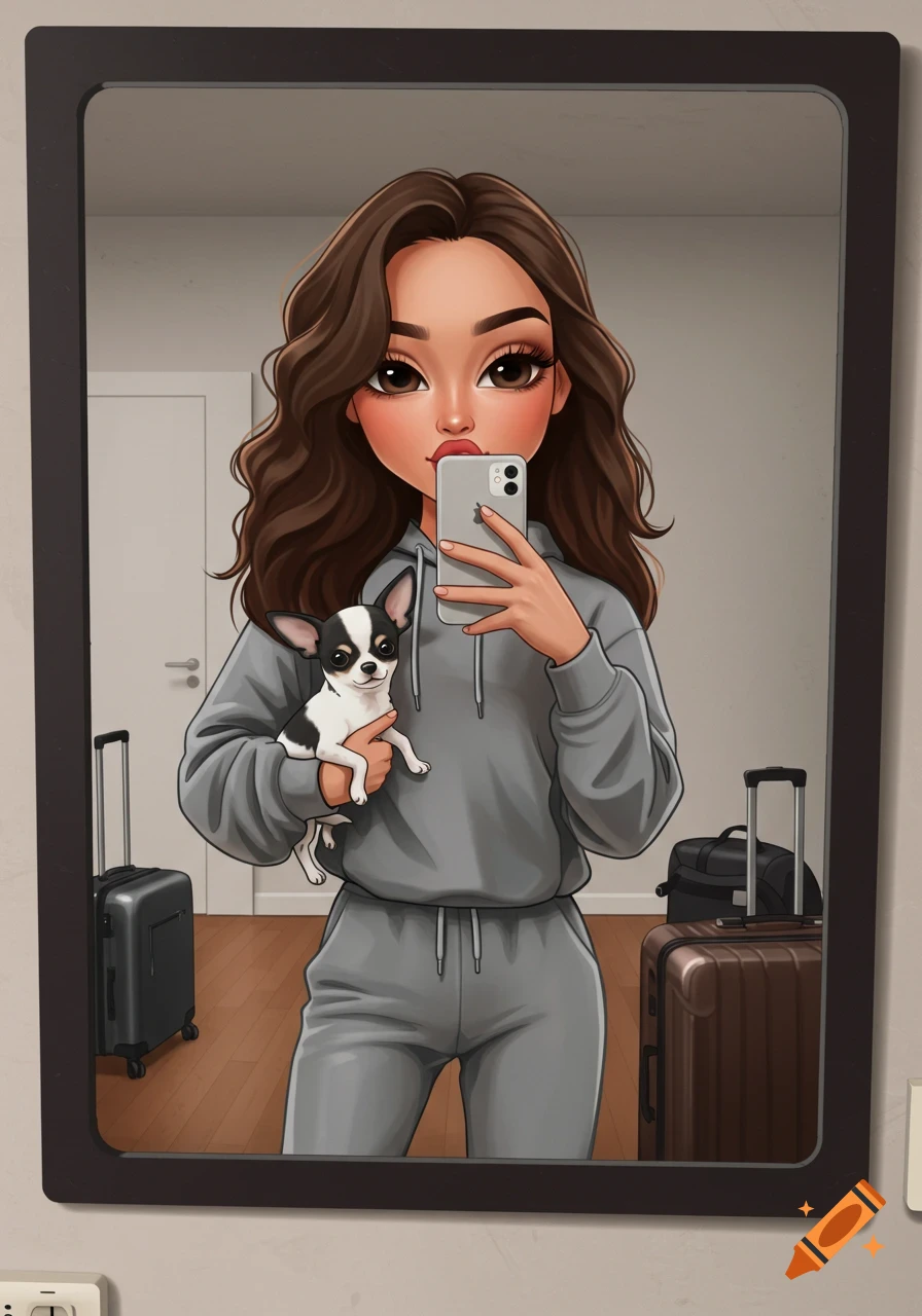 Cartoon illustration of a young woman in a gray hoodie holding a chihuahua, taking a mirror selfie with luggage.