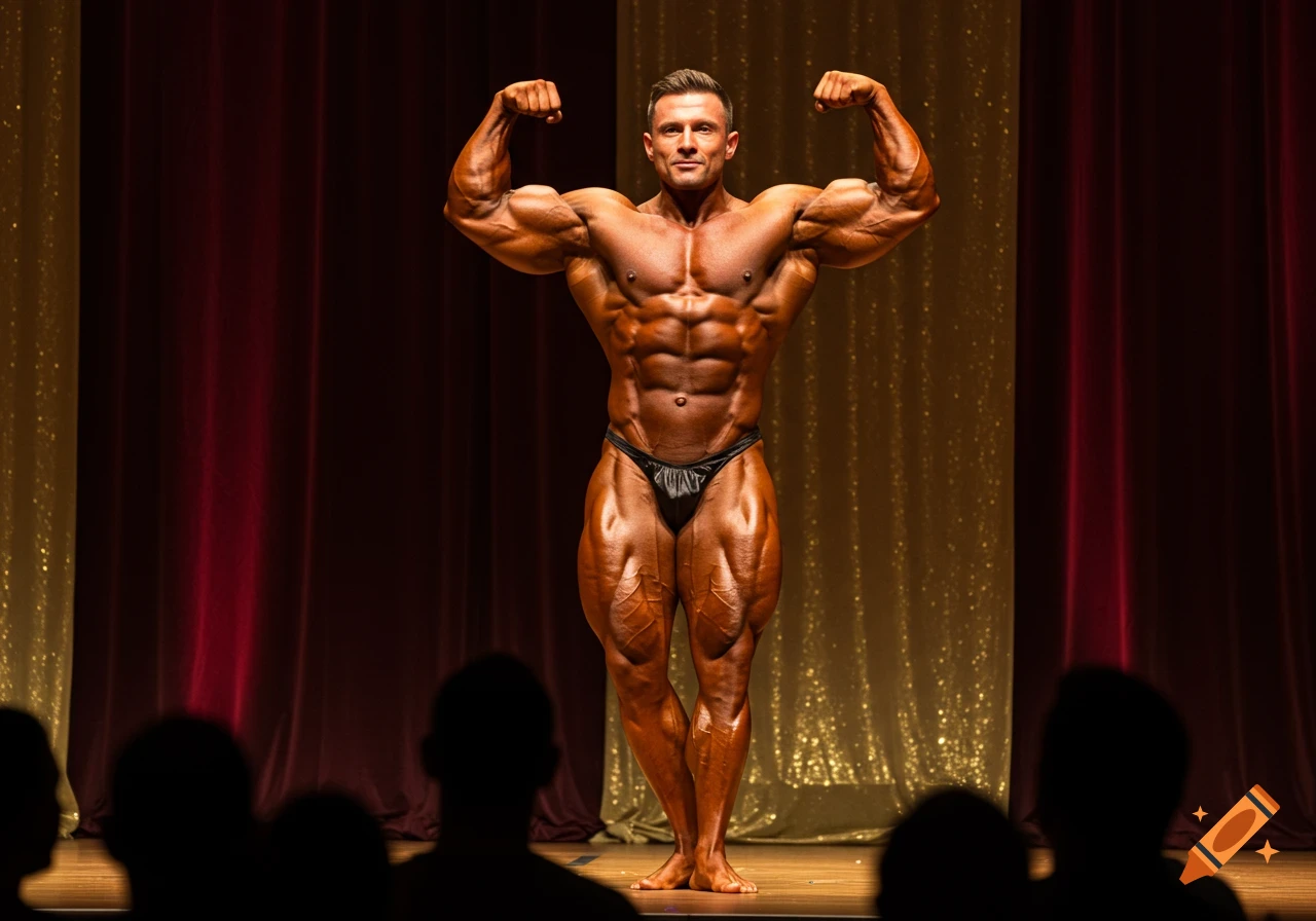 A muscular male bodybuilder flexing on stage with a red and gold curtain backdrop, with blurred audience silhouettes in the foreground.
