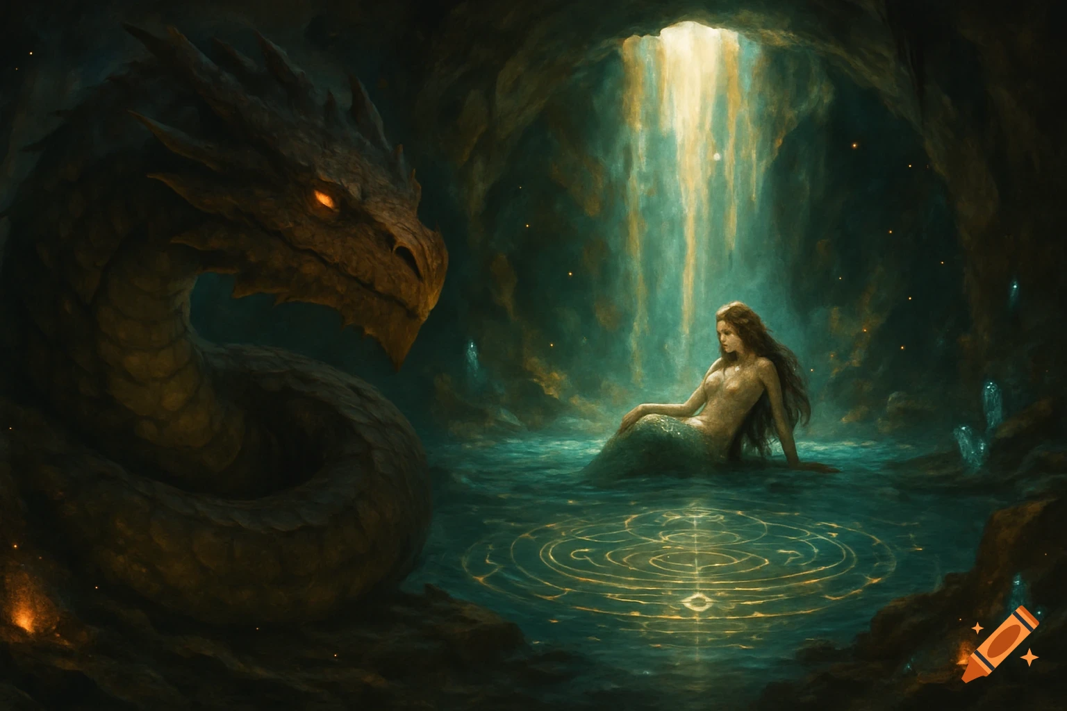 Fantasy illustration of a dragon guarding a cavern, watching a siren in a luminous lake with glowing patterns and a waterfall.
