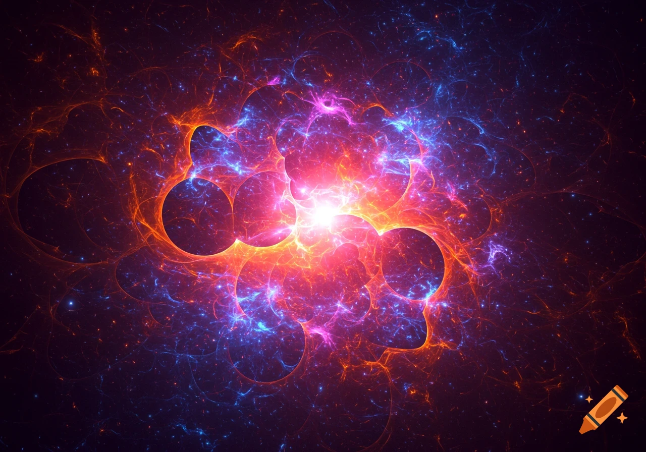 A vibrant abstract cosmic scene with a bright central light emitting red, pink, and blue energy tendrils against a dark starry background.