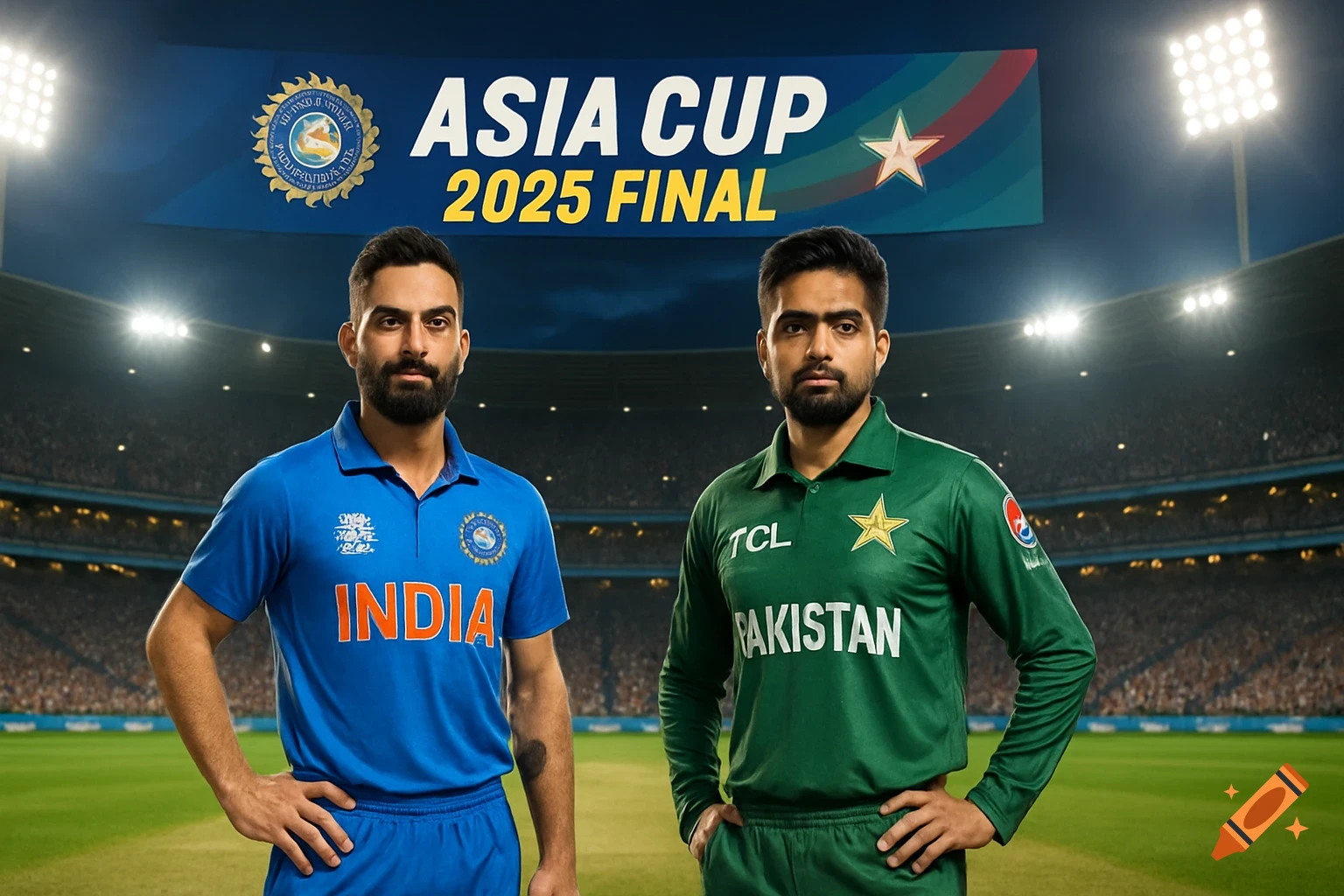 A realistic banner for the Asia Cup 2025 Final, showing Indian and Pakistani cricket captains in uniforms on a field.