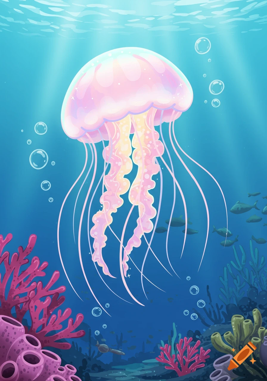 A vibrant cartoon jellyfish with pink and yellow tentacles swims in a sunny blue ocean, surrounded by colorful coral and small fish.