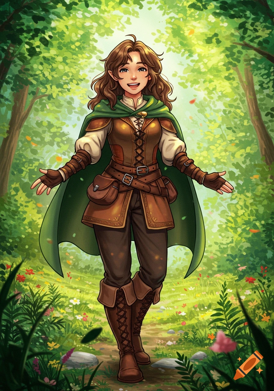 A smiling elf woman with brunette hair, wearing a green cape and leather armor, stands with arms open in a vibrant, sunlit fantasy forest.