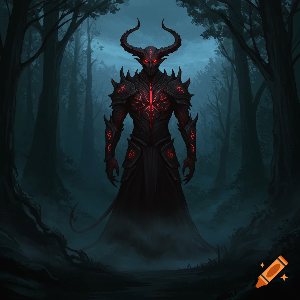 A horned demon in black armor with glowing red markings stands in a dark, misty forest in a dark fantasy art style.