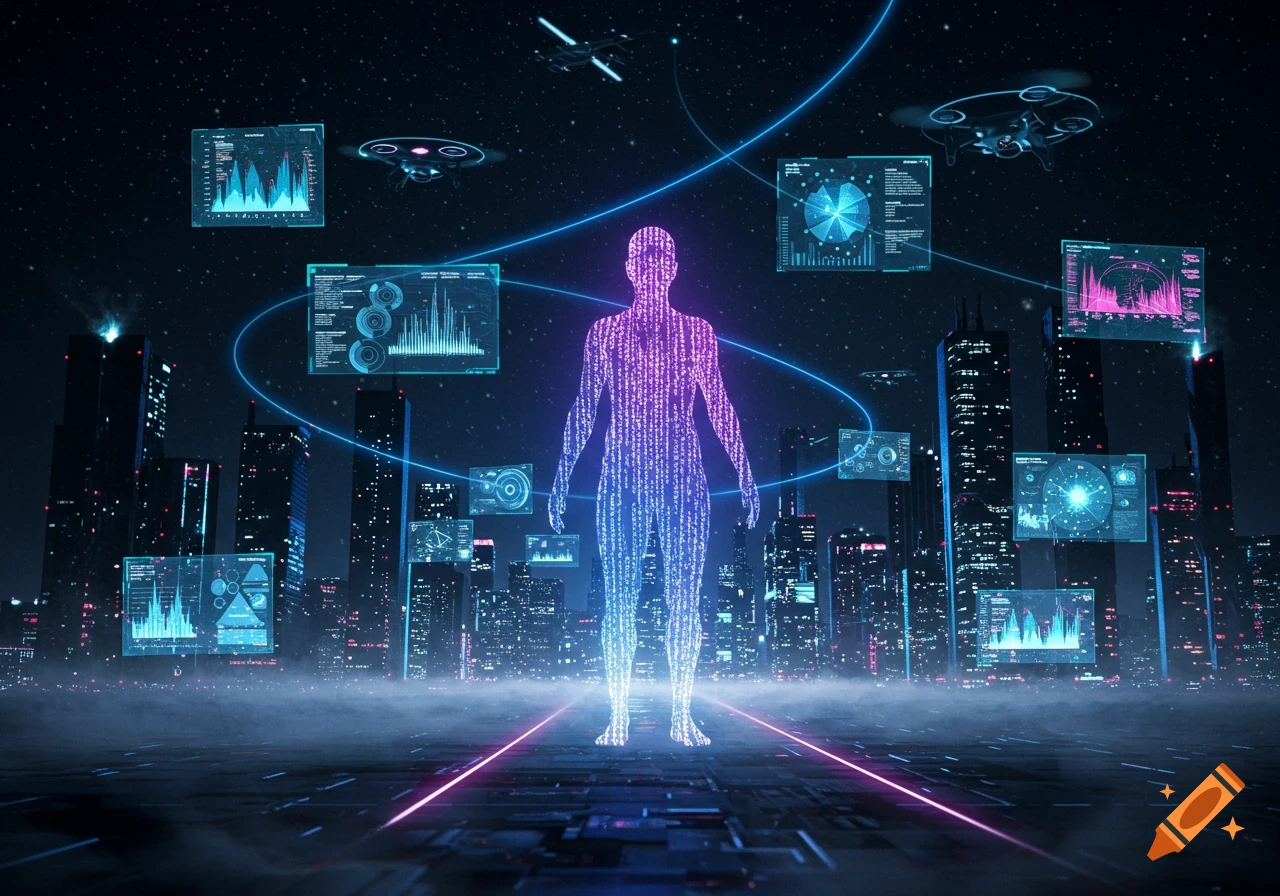 A glowing, data-patterned human figure stands in a futuristic neon cityscape at night, surrounded by floating data screens and drones.
