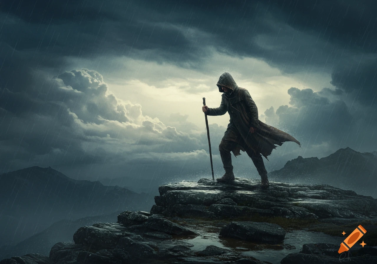 A hooded figure with a staff treks a rocky cliff in heavy rain, overlooking a dark mountain landscape under stormy clouds.