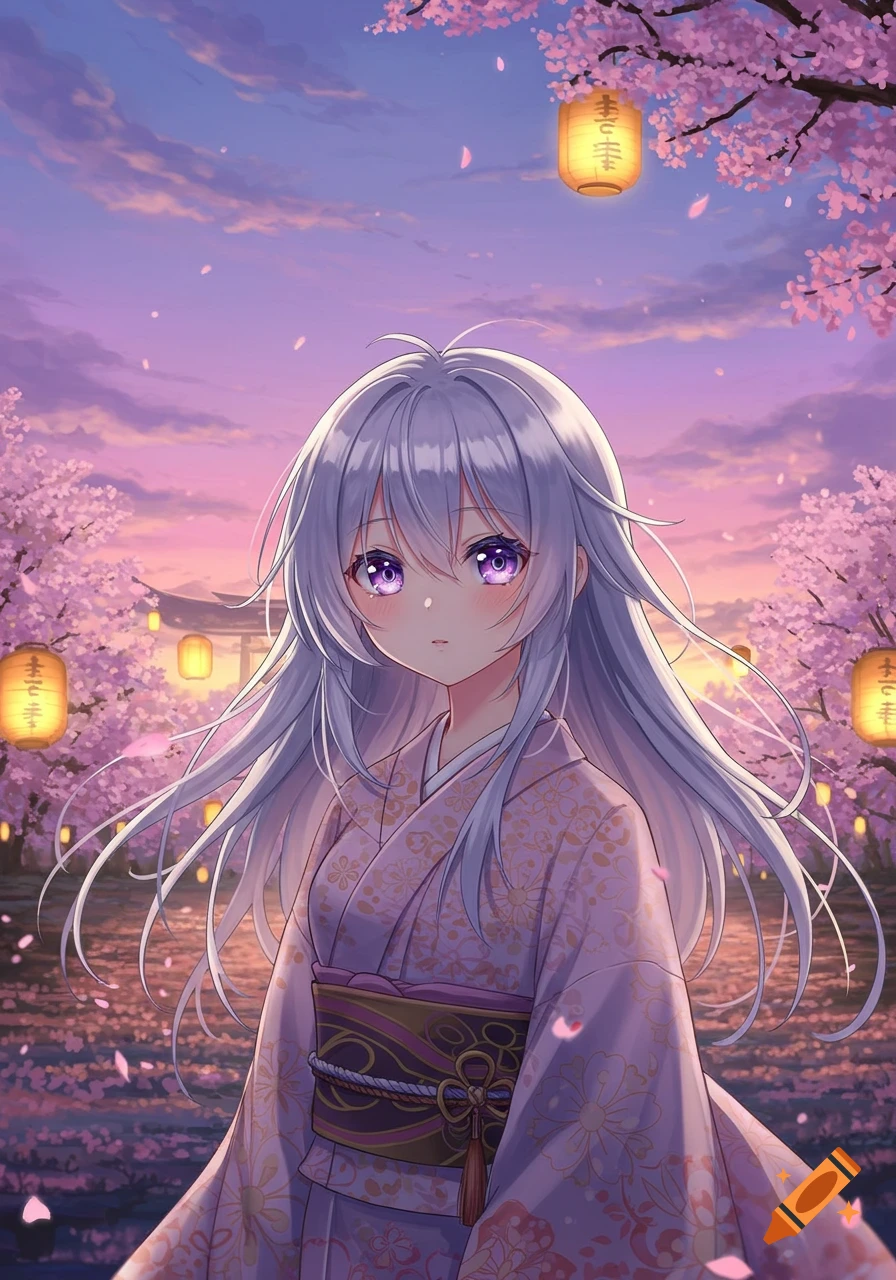 Anime girl with long silver hair in a kimono, standing among cherry blossoms with glowing lanterns at sunset.