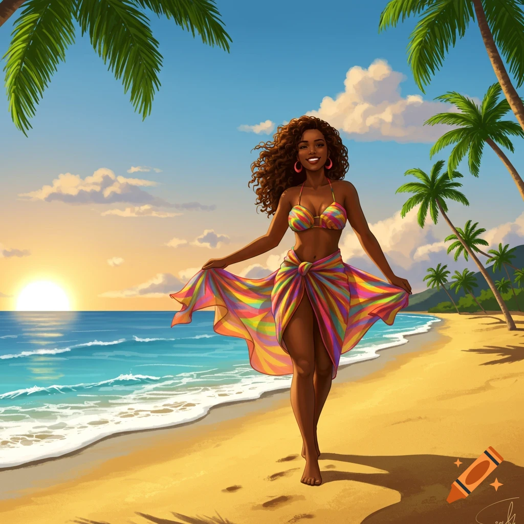 Vibrant illustration of a smiling woman with curly hair walking on a sunny tropical beach in a colorful bikini and sarong.